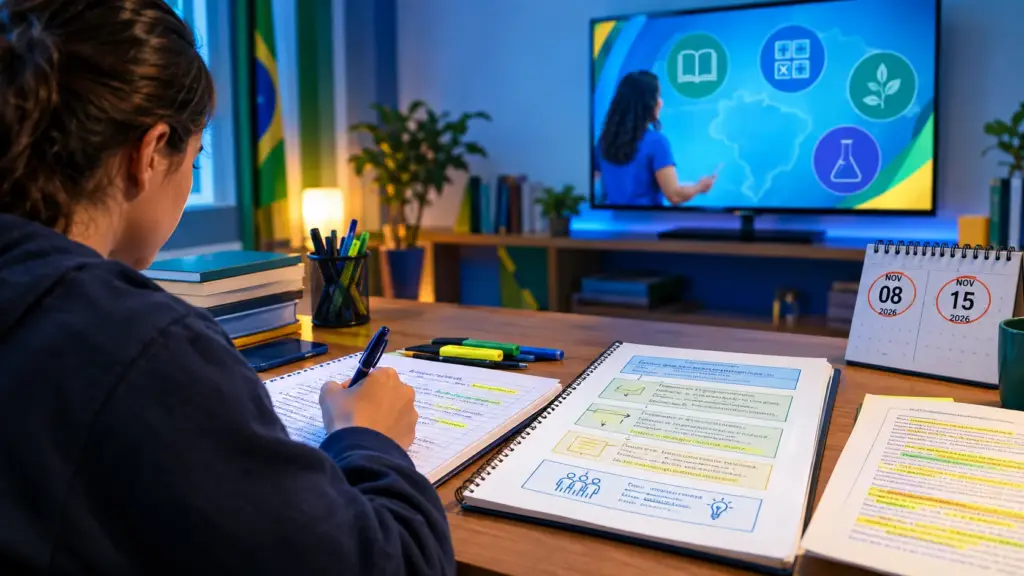 Estudante se prepara para o Enem 2026, escrevendo uma redação enquanto acompanha conteúdos educativos na televisão e consulta o calendário das provas.