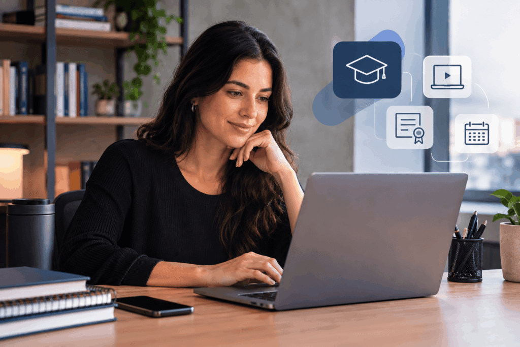 A imagem representa uma estudante em sua rotina de estudos de bacharelado EAD, utilizando o computador em um ambiente organizado e profissional.
Elementos acadêmicos e digitais reforçam a integração entre tecnologia e educação superior.
A composição transmite autonomia, concentração e flexibilidade na experiência de aprendizagem.