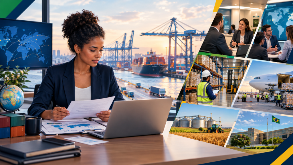 Profissional de Comércio Exterior analisa documentos e rotas em um escritório, com imagens de porto, reunião corporativa, armazém, aeroporto, agronegócio e órgão público ao fundo.