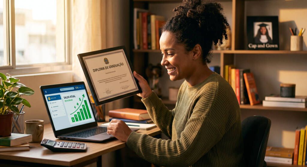 Uma estudante brasileira sorri ao segurar seu diploma de "Graduação", enquanto seu notebook exibe um gráfico financeiro verde em ascensão. A imagem captura o momento exato em que a qualificação profissional se traduz em um claro aumento de renda. O ambiente acolhedor do home office reflete a jornada de dedicação que levou à conquista financeira.