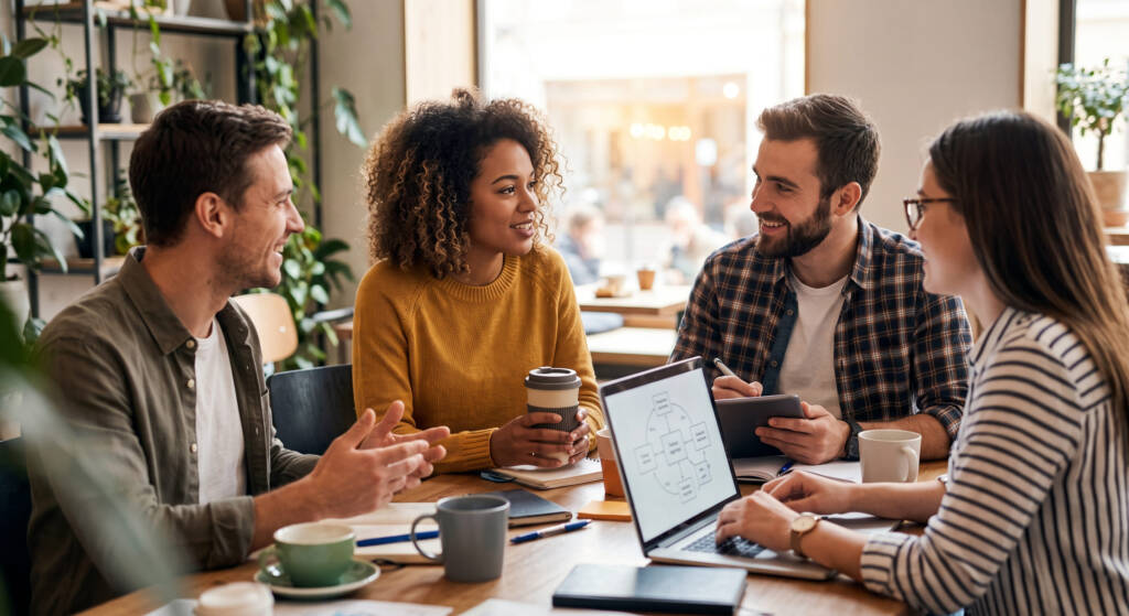 A imagem retrata um grupo de profissionais em um ambiente de coworking inspirador, colaborando e sorrindo. Eles representam a essência das profissões para quem gosta de pessoas, que são aquelas baseadas na interação e no crescimento conjunto.