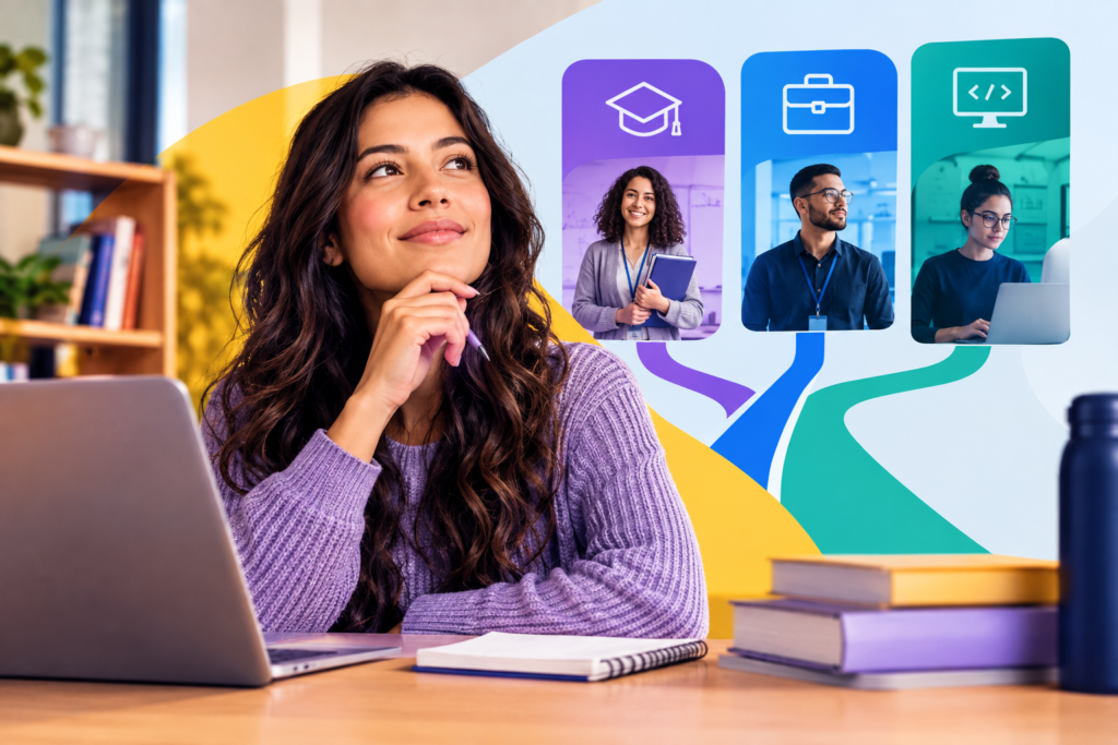 Estudante diante de um notebook analisando diferentes caminhos profissionais, representados por ícones e imagens relacionadas à educação, negócios e tecnologia.