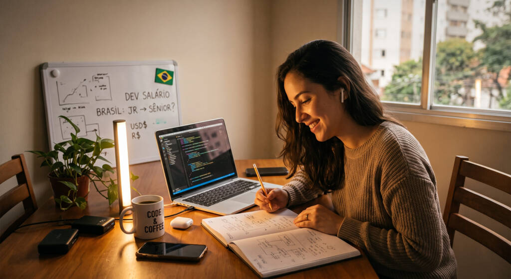 Esta imagem humana e autêntica captura uma desenvolvedora de software focada e sorridente em seu home office em São Paulo, rodeada por elementos que narram sua jornada profissional. A cena mostra o contraste entre o trabalho técnico no laptop e o planejamento de carreira no quadro branco e no caderno, abordando diretamente o tema de quanto ganha um dev no Brasil. Com detalhes cuidadosos como a caneca "Code & Coffee" e a luz natural, a imagem inspira a busca por evolução e valorização na área de tecnologia.
