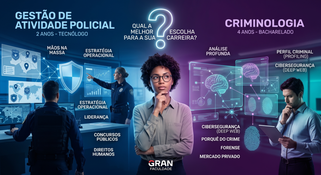 Imagem comparativa dividida em duas áreas: à esquerda, o ambiente tático de Gestão de Atividade Policial; à direita, o ambiente investigativo de Criminologia. Ao centro, uma jovem estudante pensativa a decidir qual carreira escolher.