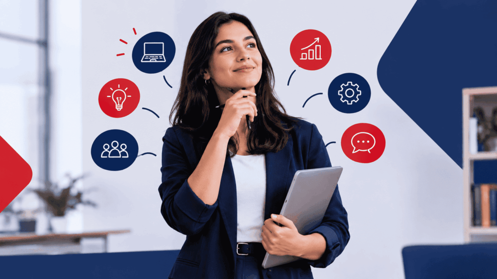A imagem representa uma profissional refletindo sobre diferentes possibilidades de carreira. Elementos visuais simbolizam habilidades, criatividade, tecnologia, comunicação e desenvolvimento. A composição transmite a ideia de autoconhecimento e descoberta do perfil profissional.