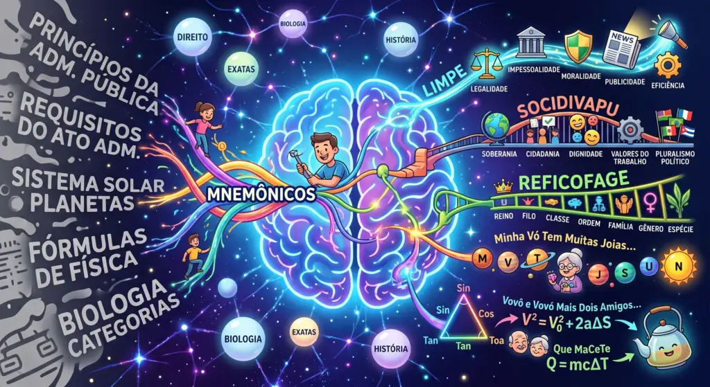 Infográfico ilustrando como funcionam os mnemónicos no cérebro. À esquerda, temas complexos de estudo e, à direita, os atalhos mentais correspondentes, como LIMPE, SOCIDIVAPLU, REFICOFAGE e fórmulas de física.