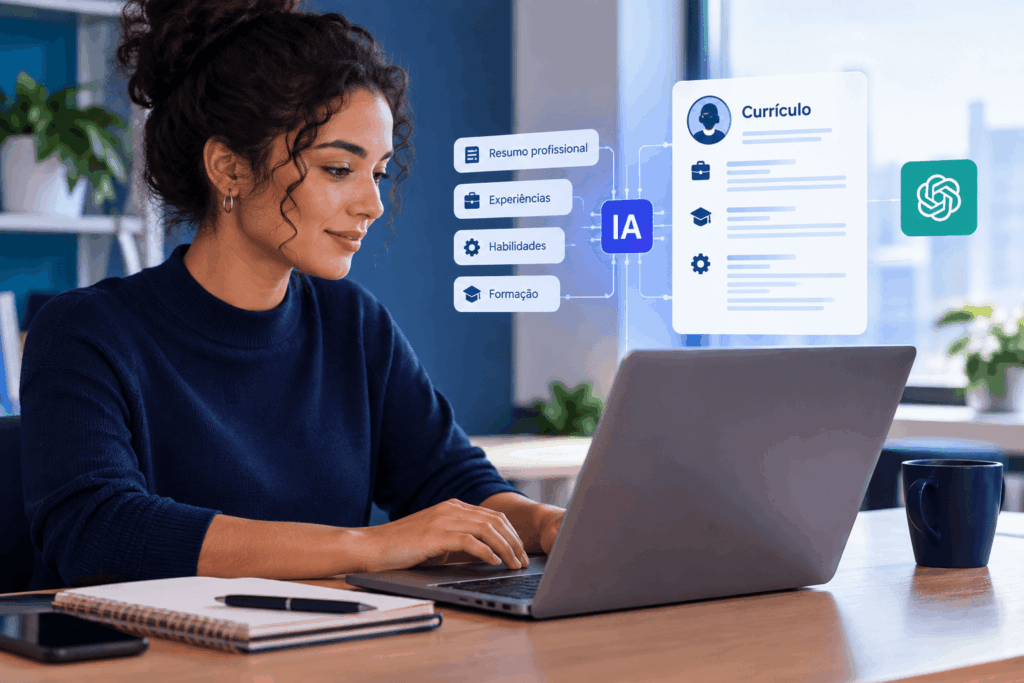 A cena representa uma profissional utilizando tecnologia para criar seu currículo com apoio da inteligência artificial.
A composição destaca a interação entre pessoa, computador e elementos visuais associados à carreira e à tecnologia.
O conceito traduz de forma simples e humana o processo de criar currículo com inteligência artificial.