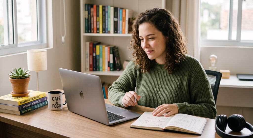 A imagem mostra uma mulher jovem e criativa trabalhando calmamente em seu escritório doméstico, absorvida em seu laptop e notebook. O ambiente é pessoal, repleto de livros e luz natural, sugerindo o ambiente ideal para concentração e autonomia. Esta cena representa perfeitamente o perfil de muitas profissões para introvertidos, valorizando o foco individual e a tranquilidade.