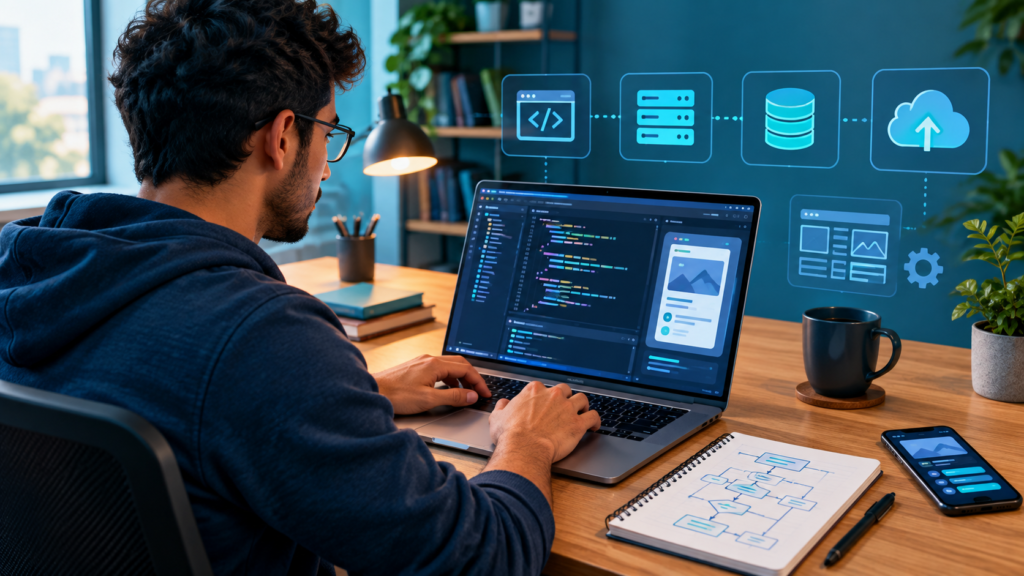 Estudante de Análise e Desenvolvimento de Sistemas estudando programação e desenvolvimento de software em um notebook
