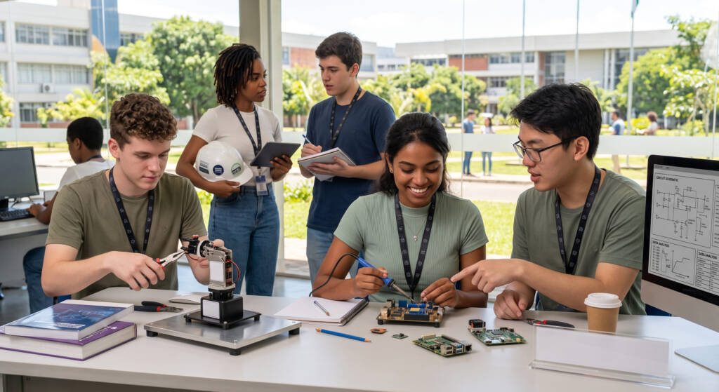 A imagem mostra um grupo de estudantes trabalhando em um projeto de engenharia, que parece ser um braço robótico. O estudante à esquerda está manipulando o braço com uma ferramenta, enquanto a estudante ao centro está soldando ou montando algum componente eletrônico. O estudante à direita está observando os componentes na mesa e o diagrama no monitor. Os outros estudantes ao fundo também parecem estar envolvidos em atividades acadêmicas. A imagem transmite a sensação de um ambiente de aprendizado colaborativo e prático.