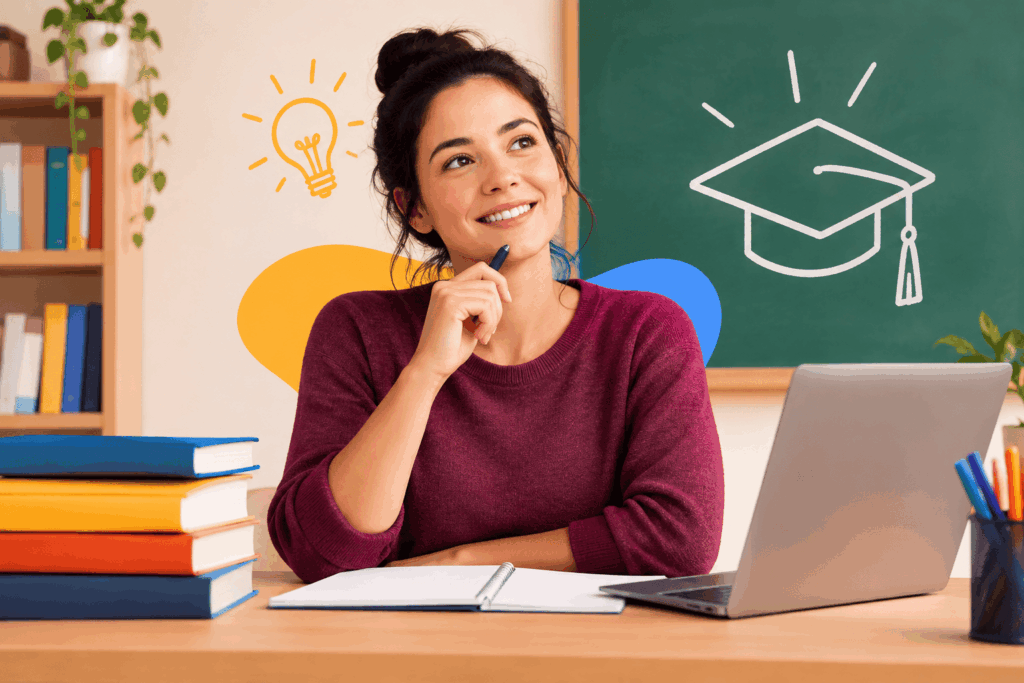 A imagem representa uma estudante em um ambiente acadêmico, cercada por livros e recursos de estudo.
A composição transmite a ideia de aprendizado, formação e preparação para a carreira na licenciatura.
Elementos como o notebook, o caderno e o símbolo de graduação reforçam a jornada de formação profissional.