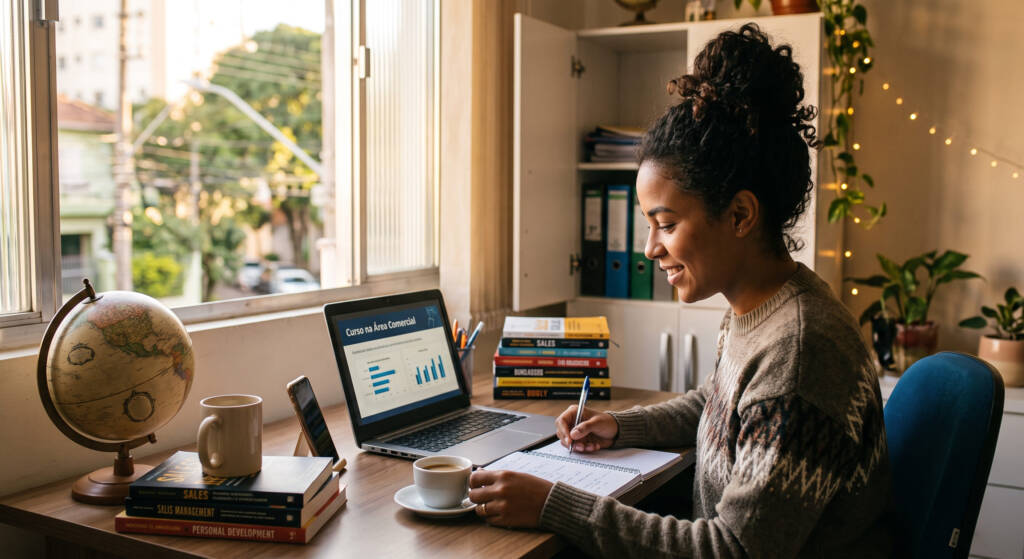 Esta imagem simples e humana retrata uma jovem profissional focada em um ambiente acolhedor, absorvendo conteúdo de um notebook para sua qualificação profissional. A cena, banhada por luz natural e cercada de livros, simboliza a determinação necessária para crescer profissionalmente. Esta representação autêntica destaca a importância de escolher o ideal para sua carreira ao se dedicar a um curso na área comercial.