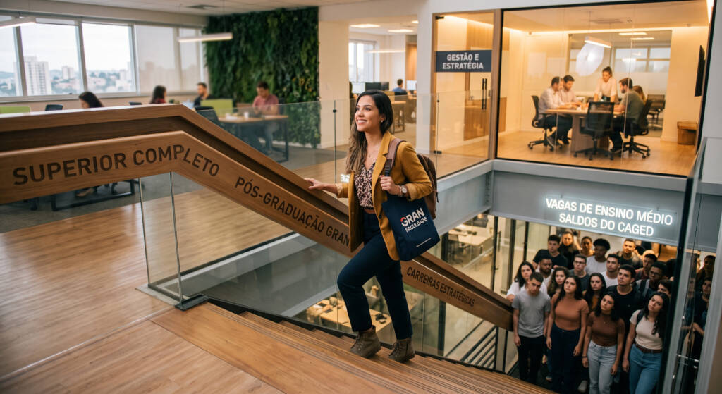 Uma jovem profissional brasileira sobe com determinação uma 'escada de qualificações' em um escritório moderno, cada degrau com as inscrições 'Superior Completo' e 'Pós-Graduação Gran'. Enquanto isso, no andar de baixo, uma multidão está lotada em uma área estreita rotulada como 'Vagas de Ensino Médio' e 'Saldos do Caged', ilustrando visualmente o funil do emprego. Luana, a protagonista, sorri enquanto olha para o nível superior, que oferece acesso exclusivo a um ambiente de trabalho valorizado e focado em 'Gestão e Estratégia.'