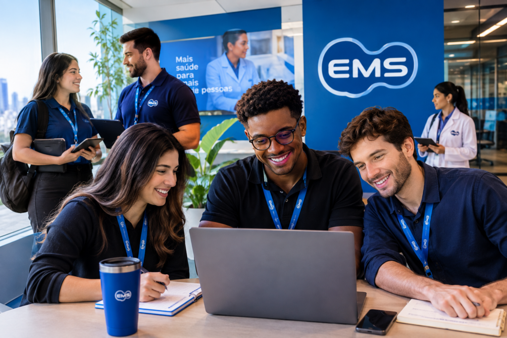 Jovens profissionais da EMS colaboram em uma atividade de equipe em um escritório moderno, com notebooks, tablets e ambiente corporativo azul, representando o desenvolvimento de trainees e oportunidades de carreira na indústria farmacêutica.