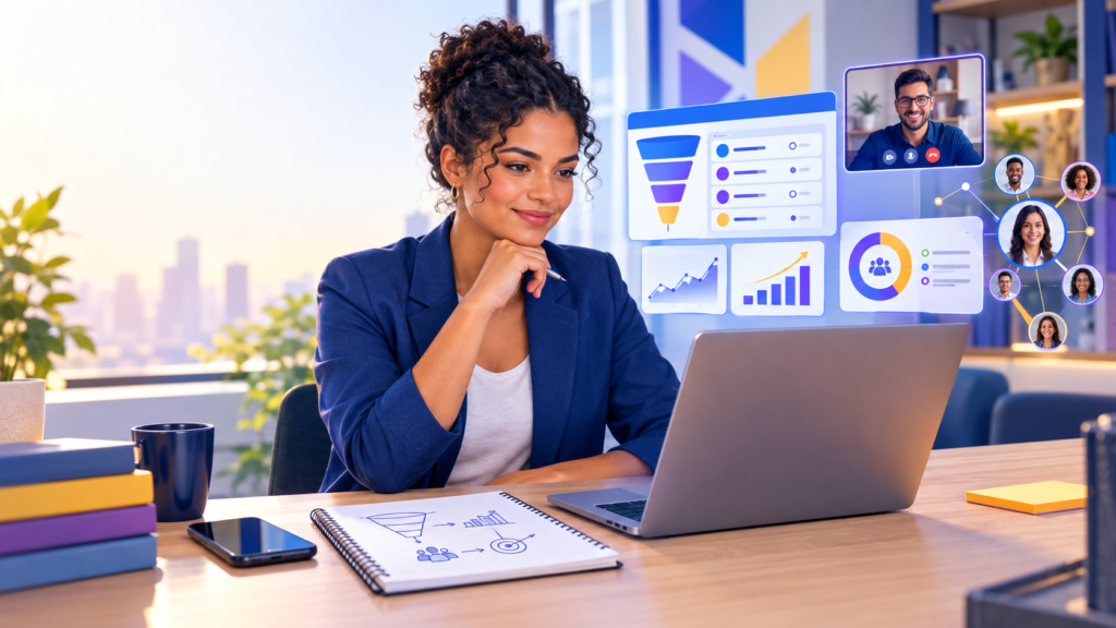 Profissional analisando estratégias de vendas e o desempenho comercial em uma plataforma digital.