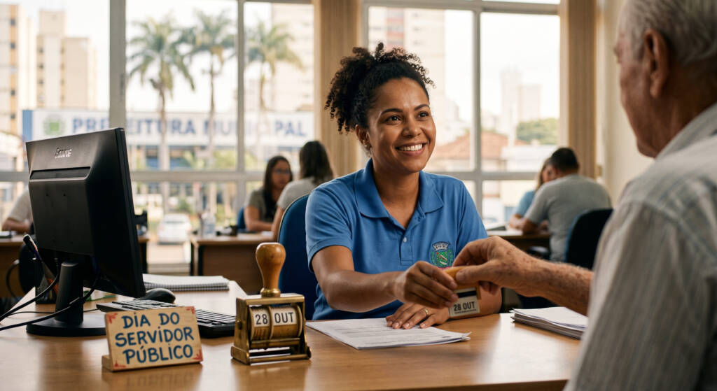 Uma servidora pública sorridente, em um ambiente de escritório acolhedor, carimba um documento para um cidadão. O foco está no ato de carimbar, com um grande carimbo de mesa visível, simbolizando o Dia do Servidor Público. A imagem destaca a conexão humana e o serviço à comunidade.