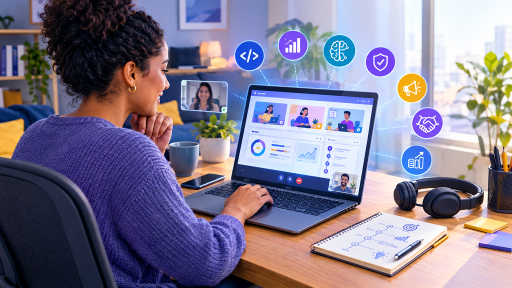 Profissional trabalhando em home office e analisando oportunidades de carreira em uma plataforma digital.