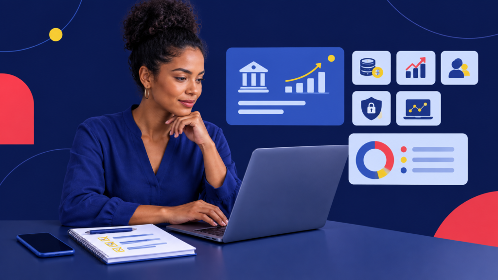 Profissional analisando oportunidades de carreira bancária em uma plataforma digital.