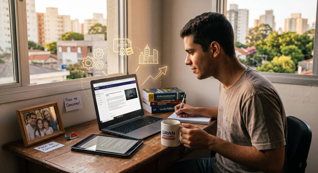 A imagem apresenta Guilherme, um estudante da Gran Faculdade, concentrado em seu notebook que exibe a plataforma de ensino digital da instituição. Ele segura uma caneca personalizada da marca enquanto faz anotações, cercado por livros e símbolos de seus objetivos de carreira e concurso público. Elementos gráficos sutis e criativos flutuam ao redor da tela, conectando o estudo online com a aprovação em concursos e o reconhecimento do MEC.