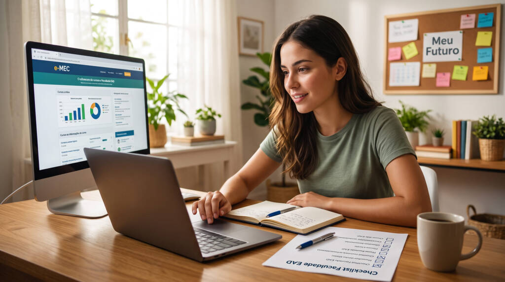 A imagem apresenta uma jovem concentrada em um ambiente bem iluminado, utilizando seu notebook para pesquisar opções de estudo e conferir dados no site do e-MEC. Sobre a mesa, papéis com anotações e um bloco de notas reforçam a busca organizada por como escolher faculdade EAD. Ao fundo, um painel de avisos traz post-its coloridos e a frase "Meu Futuro", simbolizando a decisão consciente sobre sua trajetória acadêmica.   