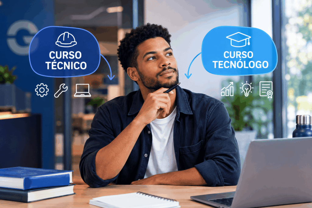 A imagem mostra um estudante avaliando as diferenças entre curso técnico ou tecnólogo em um ambiente profissional e moderno. De um lado, aparecem elementos associados à formação técnica; do outro, símbolos relacionados à graduação e ao desenvolvimento de carreira. A composição representa visualmente a decisão sobre qual caminho educacional seguir.