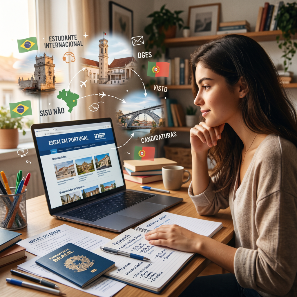 Estudante brasileira pesquisa como usar a nota do Enem para estudar em Portugal