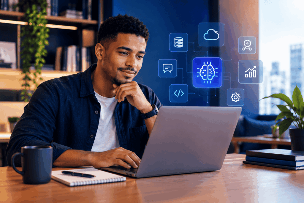 A imagem mostra um profissional utilizando um notebook em um ambiente de trabalho moderno, cercado por elementos visuais relacionados à tecnologia. As habilidades de IA para aprender aparecem representadas por recursos ligados a dados, programação, automação, nuvem e inteligência artificial. A composição transmite a ideia de desenvolvimento profissional e preparação para o mercado de trabalho.