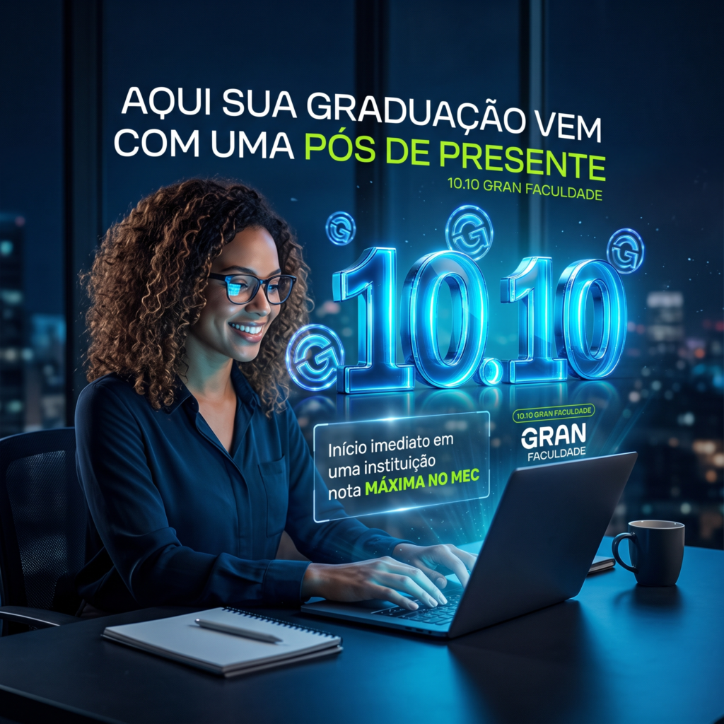 Jovem profissional sorrindo enquanto usa um notebook, iluminado por luzes neon em azul e verde. Ao redor da tela, flutuam hologramas brilhantes com o número 10.10 em 3D e moedas com o logotipo G, representando as ofertas de graduação, pós e MBA da campanha 10 do 10 Gran Faculdade.