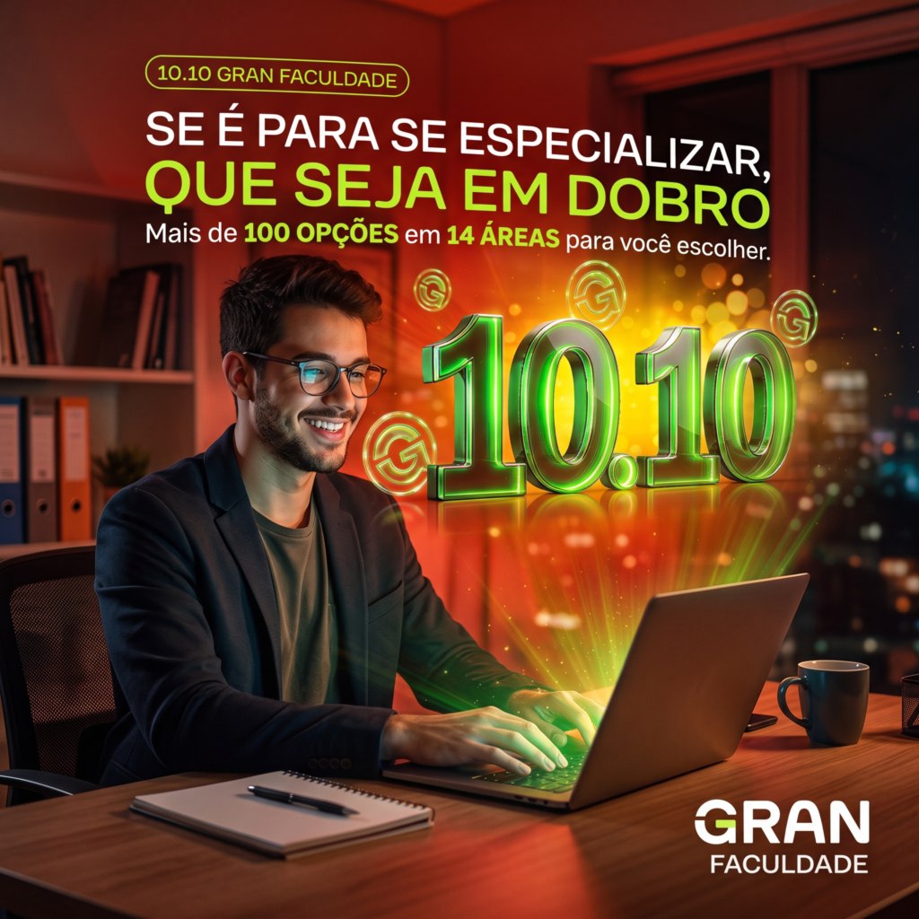 Imagem promocional da campanha 10.10 Gran Faculdade. Um jovem profissional sorridente trabalha num notebook, de onde se projeta um grande holograma verde em 3D com o número 10.10 e moedas flutuantes com a letra G. Ao fundo, em tons de vermelho e dourado, lê-se: "Se é para se especializar, que seja em dobro. Mais de 100 opções em 14 áreas para você escolher.