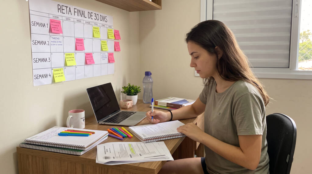 A imagem retrata o cotidiano de uma estudante focada na sua rotina de preparação em seu próprio quarto, estudando ativamente com anotações e apostilas sobre a mesa. Ao fundo, um grande mural de "Reta Final de 30 Dias" com anotações e post-its coloridos ilustra o planejamento para 1 mês para o Enem. A cena, iluminada pela luz natural, transmite dedicação, organização e o lado humano dessa jornada decisiva de estudos.