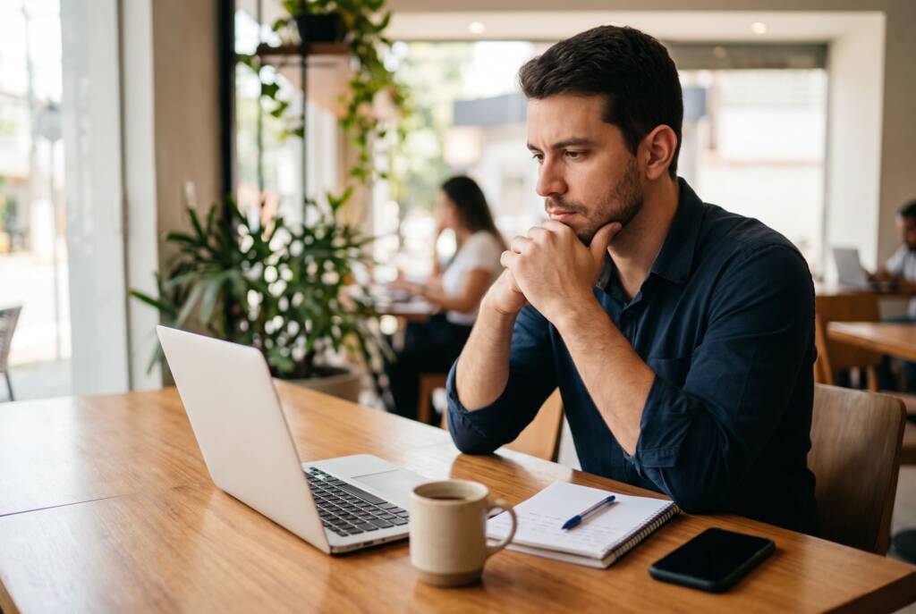 A fotografia com tom natural e humano captura um profissional concentrado e reflexivo em um café, analisando suas opções no notebook para decidir qual pós fazer depois de administração, direito ou ti. Sentado em uma mesa de madeira com um caderno de anotações, uma caneta e uma caneca de café, ele exemplifica o momento de planejamento de carreira e tomada de decisão de muitos brasileiros. O ambiente acolhedor e com iluminação diurna ao fundo reforça a busca genuína por evolução, transição e novos caminhos no mercado de trabalho de forma leve e cotidiana.