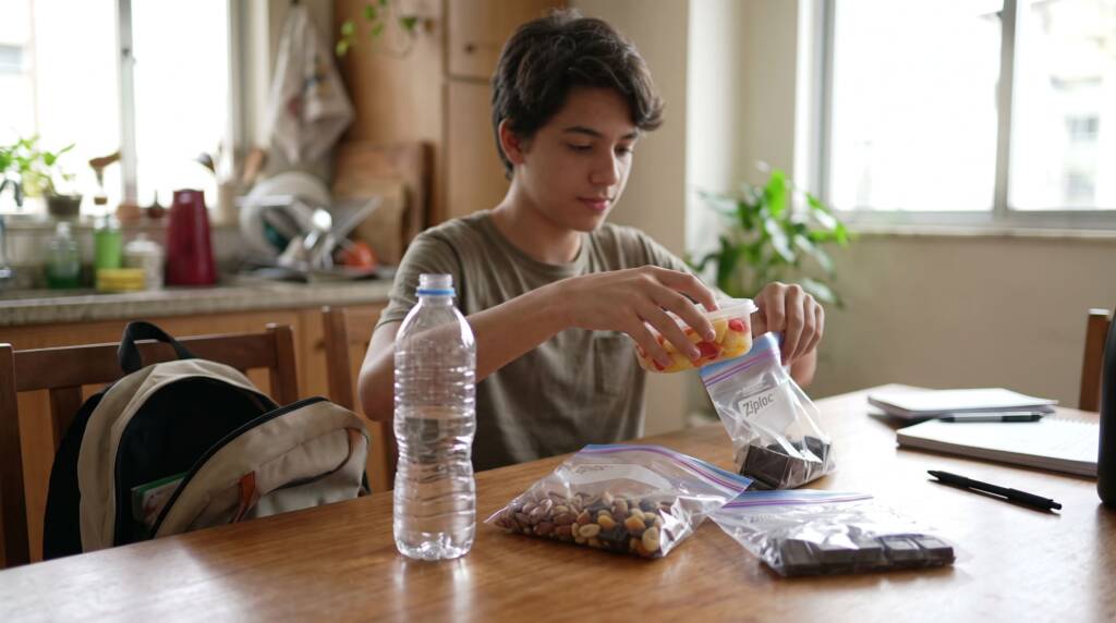 A fotografia natural retrata um estudante focado em sua cozinha, organizando com atenção o que levar para comer no Enem. Em uma mesa de madeira iluminada pela luz do dia, ele distribui lanches como castanhas, chocolate e frutas picadas em sacos plásticos herméticos e potes transparentes, seguindo as regras do edital. Ao lado, uma garrafa de água sem rótulo e uma mochila aberta reforçam o clima de preparação tranquila e organizada para o grande dia.
