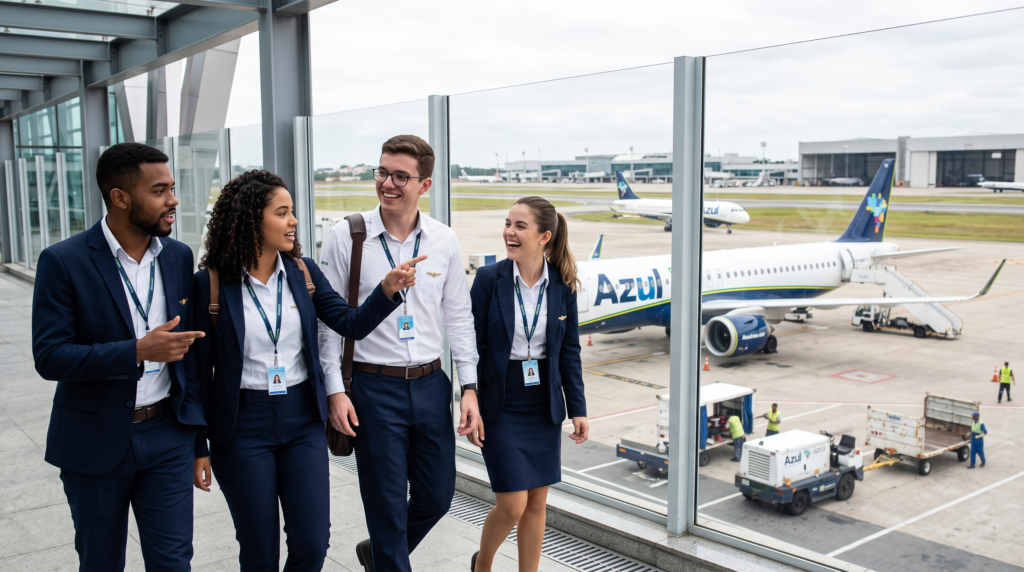 Quatro jovens estagiários (dois rapazes e duas moças) vestindo trajes corporativos azuis e crachás, caminhando sorridentes e conversando ao lado de uma janela de vidro num aeroporto. Ao fundo, no pátio, vê-se um avião da Azul Linhas Aéreas estacionado.