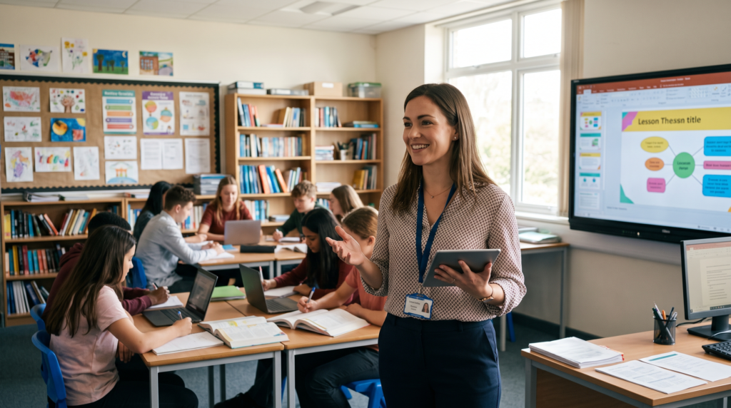Fotografia realista de uma jovem professora sorridente e inspiradora, segurando um tablet numa sala de aula moderna e bem iluminada. Ao fundo, levemente desfocados, alunos prestam atenção à aula, num ambiente que mistura elementos tradicionais de educação com tecnologia digital. A imagem transmite acolhimento, inovação e o futuro da docência.