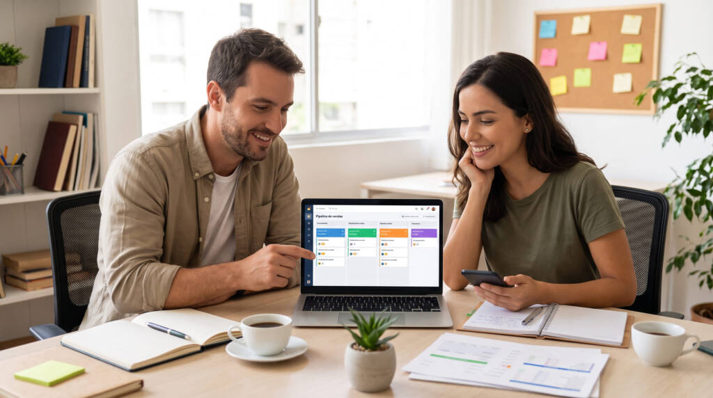 A imagem mostra dois profissionais trabalhando em um escritório humanizado e colaborativo, compartilhando ideias em frente a um notebook que exibe a interface de um CRM de vendas moderno, com o pipeline de negócios organizado em colunas visuais. Eles aparecem sorrindo e descontraídos, com um homem apontando para a tela enquanto a mulher segura um celular, sugerindo uma rotina dinâmica e integrada de atendimento. A mesa está repleta de elementos cotidianos, como xícaras de café, cadernos abertos e anotações, reforçando o uso prático da tecnologia no dia a dia.
