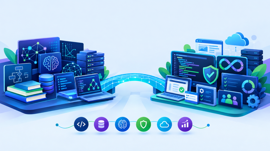 Ilustração comparativa entre Ciência da Computação e Engenharia de Software, com algoritmos, inteligência artificial e dados de um lado, e código, arquitetura, testes, segurança e computação em nuvem do outro, conectados por uma ponte digital.