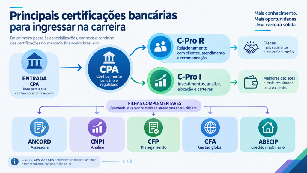 Infográfico das principais certificações bancárias, mostrando a CPA como porta de entrada e as trilhas C-Pro R, para relacionamento, e C-Pro I, para investimentos, além das certificações complementares ANCORD, CNPI, CFP, CFA e ABECIP.