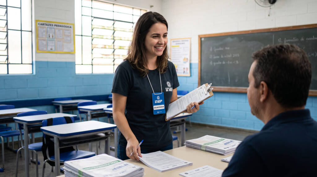 A imagem mostra uma colaboradora sorridente em uma sala de aula de escola pública, preparando os materiais de aplicação ao lado de outro profissional. Ela veste uma camiseta escura, usa o crachá oficial de identificação do Inep e segura uma prancheta enquanto organiza os documentos sobre a mesa. Essa cena ilustra a rotina de quem atua como fiscal do Enem, capturando o ambiente de preparação, organização e o fator humano envolvido no dia do exame.