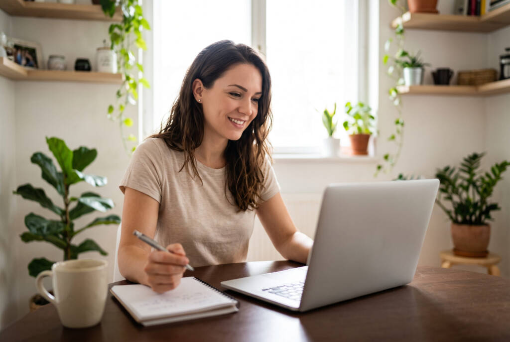 A imagem apresenta uma mulher jovem e sorridente em um ambiente residencial acolhedor, concentrada ao usar seu notebook e fazer anotações em um caderno. Com uma fisionomia tranquila e confiante, ela ilustra a atitude proativa de quem busca se capacitar e organizar a trajetória profissional. Essa postura positiva e o foco no planejamento são essenciais para quem deseja entender como explicar lacuna no currículo com naturalidade e segurança.
