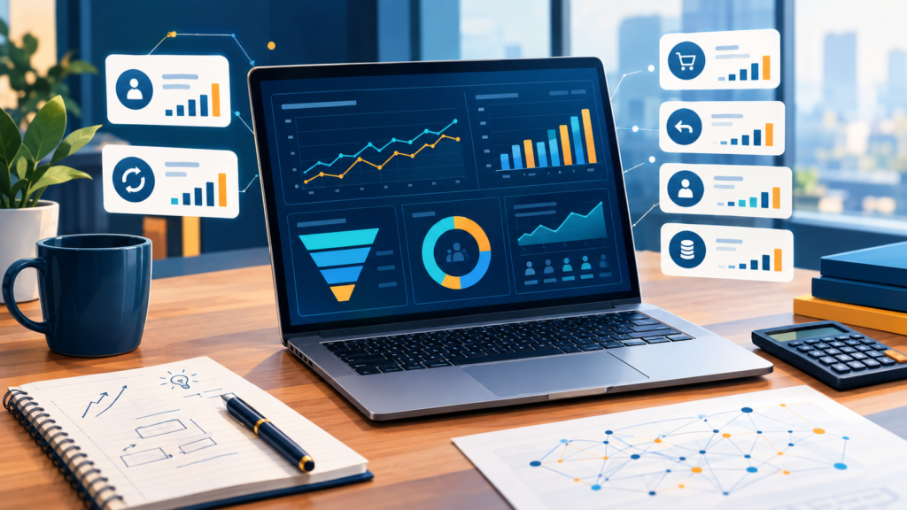 Notebook exibindo um dashboard com gráficos e indicadores de métricas de dados, acompanhado de anotações e calculadora em uma mesa.