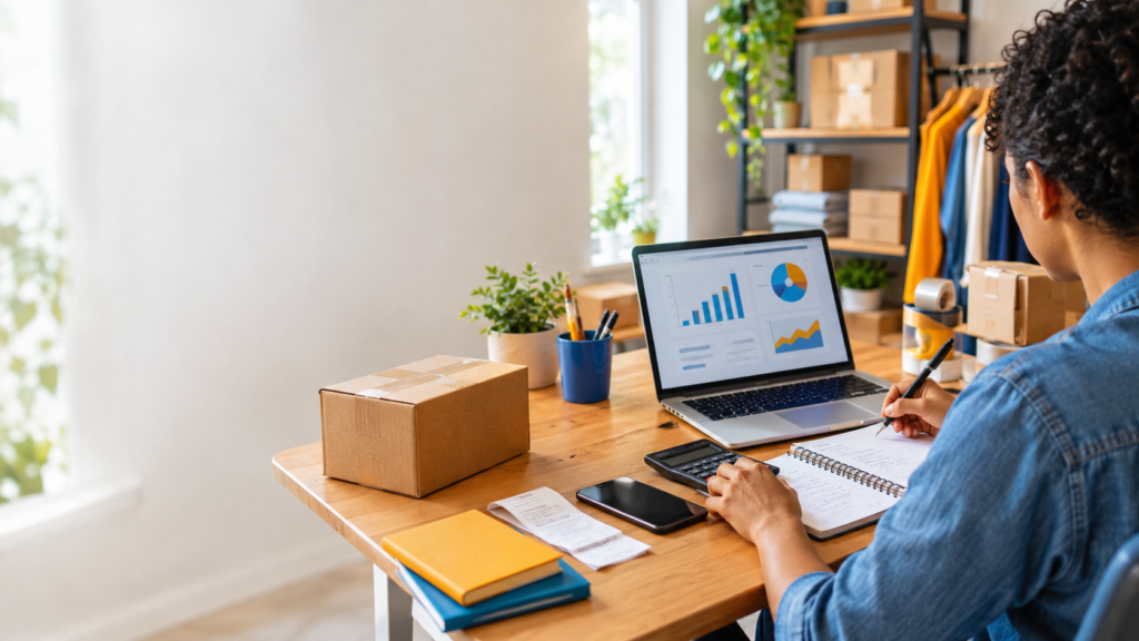 Microempreendedor organiza as finanças de um pequeno negócio com notebook, calculadora, caderno, celular e caixas de encomendas.