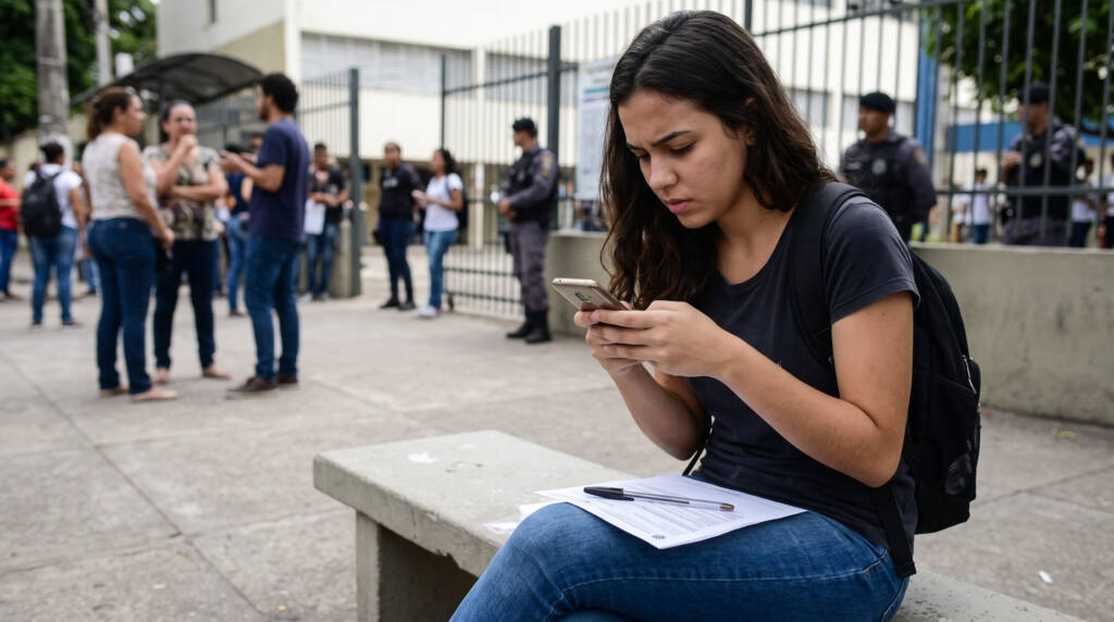 A fotografia espontânea captura uma jovem estudante brasileira sentada em um banco de concreto do lado de fora de uma escola pública no dia do exame, demonstrando preocupação ao consultar o celular. Ela segura o aparelho com atenção, tendo papéis e uma caneta preta apoiados no colo, o que ilustra a busca por soluções rápidas ao lidar com possíveis imprevistos no Enem. Ao fundo, o movimento natural de outros candidatos e a presença da segurança escolar reforçam o clima de expectativa e a urgência que cercam o dia da prova.