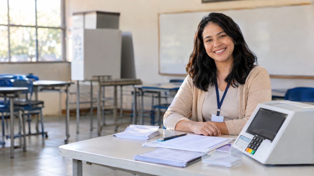 Mesária sorridente trabalha em uma sala de aula organizada como seção eleitoral, ao lado de uma urna eletrônica e documentos sobre a mesa.