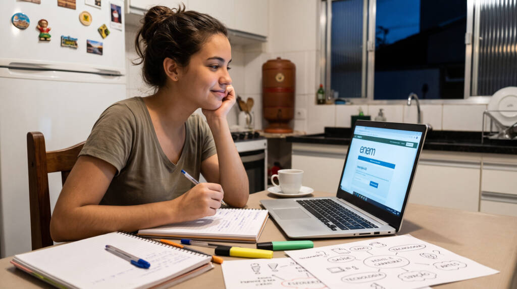 A imagem retrata uma jovem estudante em um momento de reflexão na mesa da cozinha, decidindo se vale a pena fazer o Enem sem saber qual curso escolher. Ela observa a tela de um notebook que exibe a página do exame, cercada por cadernos de anotações e um mapa mental com dúvidas sobre diferentes carreiras. A atmosfera do lar brasileiro, com o filtro de barro ao fundo, traz uma sensação de autenticidade e acolhimento para este momento de decisão.