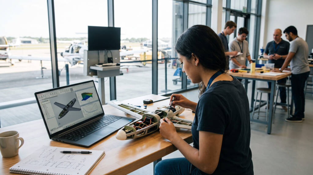 A fotografia, em estilo documental, captura uma estudante em um movimentado laboratório de desenvolvimento aeronáutico, concentrada no ajuste minucioso de uma estrutura interna de um protótipo de aeronave. Em sua mesa de madeira, um notebook exibe modelos digitais em 3D, cercado por anotações técnicas, esboços no caderno e uma caneca, enquanto ao fundo, visível pelas grandes janelas com vista para um pátio de aeronaves, outros jovens e mentores colaboram de forma dinâmica. Esta atmosfera de aprendizado e inovação traduz a essência prática do Programa de Estágio Boeing 2027, unindo foco, criatividade e desenvolvimento de engenharia no setor aeroespacial.