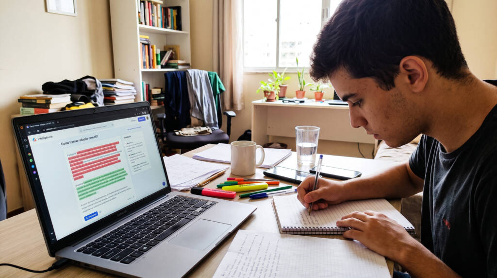 Um estudante concentrado escreve sua redação à mão em um caderno pautado sobre a mesa de estudos. Ao lado do seu material escolar, o notebook exibe na tela um texto estruturado e feedbacks detalhados do sistema. A cena exemplifica na prática como treinar redação com IA unindo a escrita autoral ao suporte tecnológico de forma eficiente.   