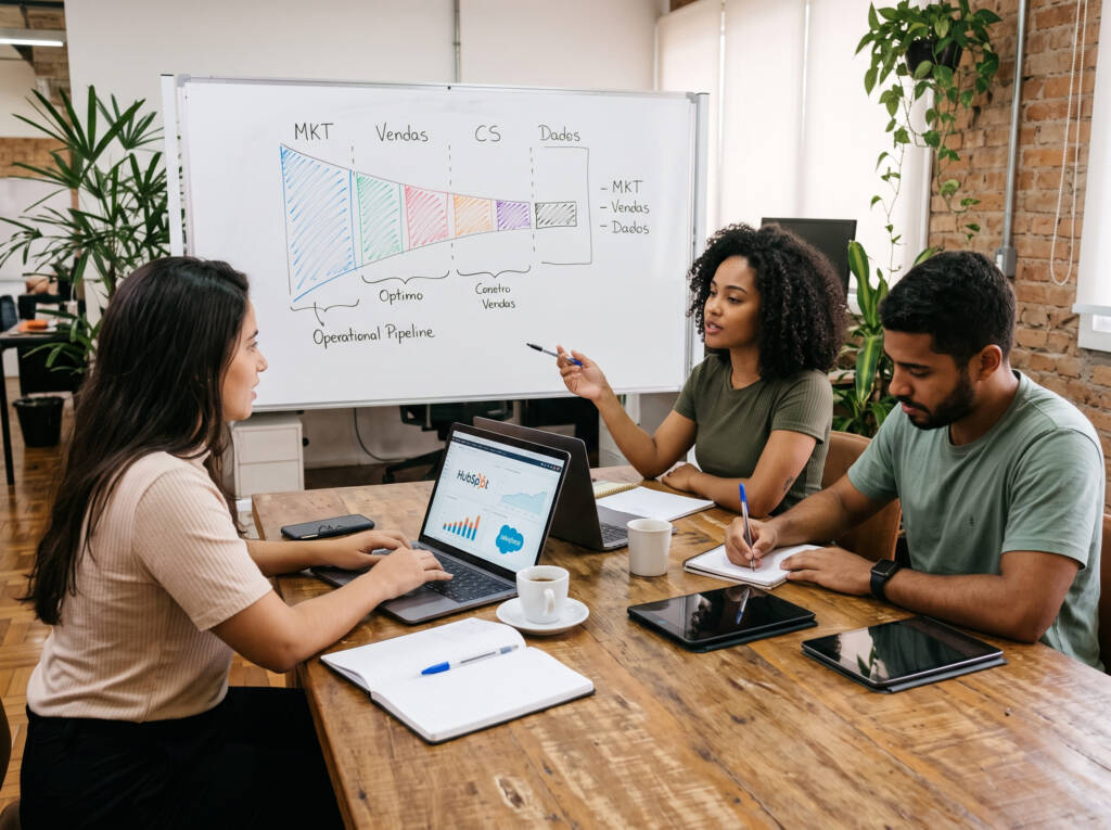 Uma equipe de jovens profissionais colabora de forma natural e dinâmica em uma sala de reuniões de uma startup, analisando métricas e fluxos de trabalho que moldam a rotina de RevOps: o que faz, salário e como entrar na carreira. No centro, uma jovem aponta para um quadro branco ilustrado com o pipeline operacional e a integração entre marketing, vendas e sucesso do cliente, enquanto seus colegas anotam e monitoram dados em notebooks e tablets sobre a mesa de madeira. O ambiente descontraído, repleto de plantas e luz natural, reflete a essência humana e integrada de uma operação de receitas moderna.