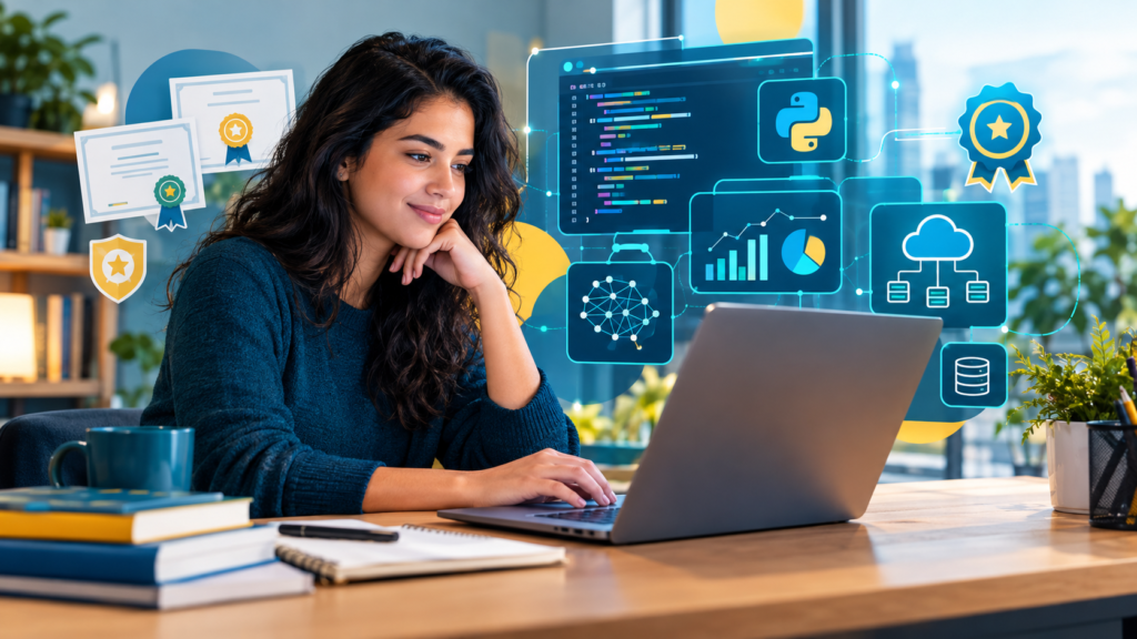 Estudante de Ciência de Dados usa notebook com gráficos, código Python, ícones de machine learning e certificados digitais.