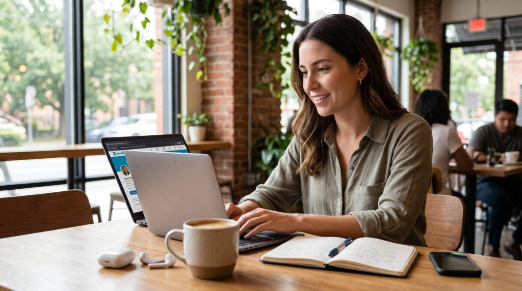 A fotografia mostra uma jovem profissional em um café iluminado, sorrindo de forma espontânea enquanto utiliza a IA para encontrar vagas no LinkedIn em seu laptop. Ao seu redor, a mesa de madeira exibe itens cotidianos como um caderno de anotações aberto, uma caneca de café e fones de ouvido, transmitindo uma atmosfera humana e focada. Ao fundo, a movimentação natural do ambiente e as plantas complementam o cenário de quem busca novas oportunidades com dinamismo e leveza.