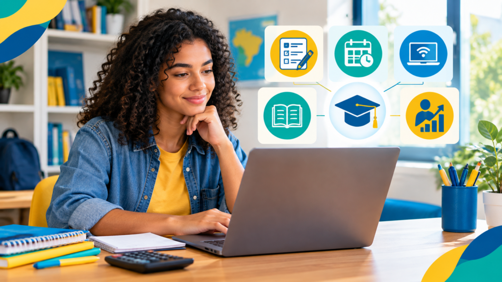 estudante busca opções de graduação em notebook após ter feito o Enem, mulher com agasalho jeans e blusa amarela 
